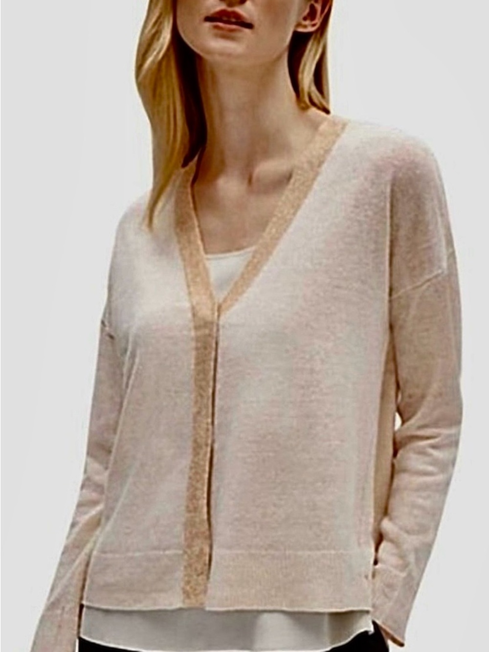 Eileen Fisher Organic Linen V-Neck Cardigan Cream with Golden Detail NWT
